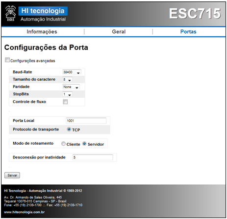 4.3.4.3 Página Portas Esta página apresenta configurações referentes à porta de comunicação serial do módulo ESC715.