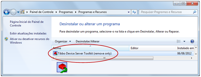 5.2 Removendo o Pacote Tibbo Device Server Toolkit Para remoção do pacote VSP, deve-se localizar no painel de controle, na opção de desinstalar programa, a opção