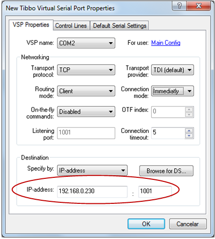 Para criar uma VSP deve-se selecionar a opção Add : Neste formulário têm-se como principais parâmetros de dados para o acesso ao módulo ESC715 na rede Ethernet: VSP name: Porta serial virtual a ser