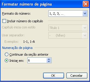 O botão Formatar no quadro Números de página dá-nos acesso a várias opções de formatação. Podemos escolher diferentes tipos de números ou até letras.