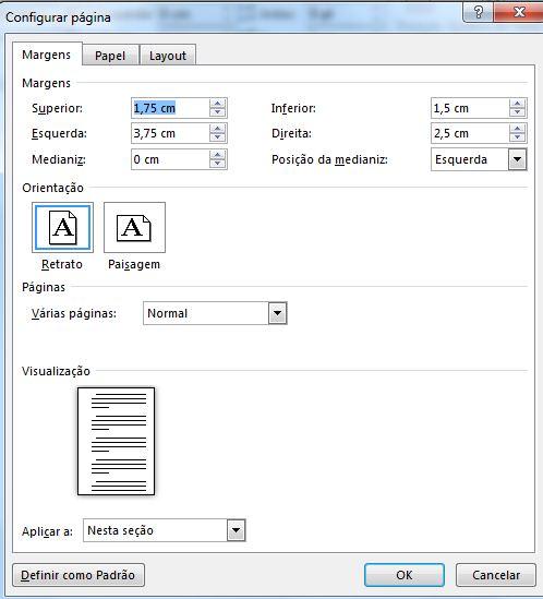 Inserindo Colunas no Texto Você pode definir as margens de um documento através da guia Layout da Página, grupo Configurar Página, selecione Margens, em seguida Margens Personalizadas.
