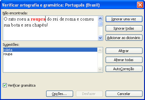 44 Partes encontradas com erro Opções oferecidas pelo programa Acima está à tela do corretor, automaticamente o corretor ortográfico do Microsoft Word 2003 é acionado e verifica todo o conteúdo do