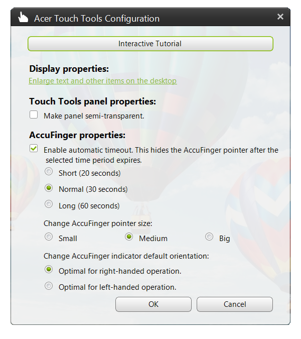 40 - Ferramentas de toque Acer Definições Pode ajustar as definições para se ajustarem às suas necessidades, incluindo configurar o tamanho e tempo limite do