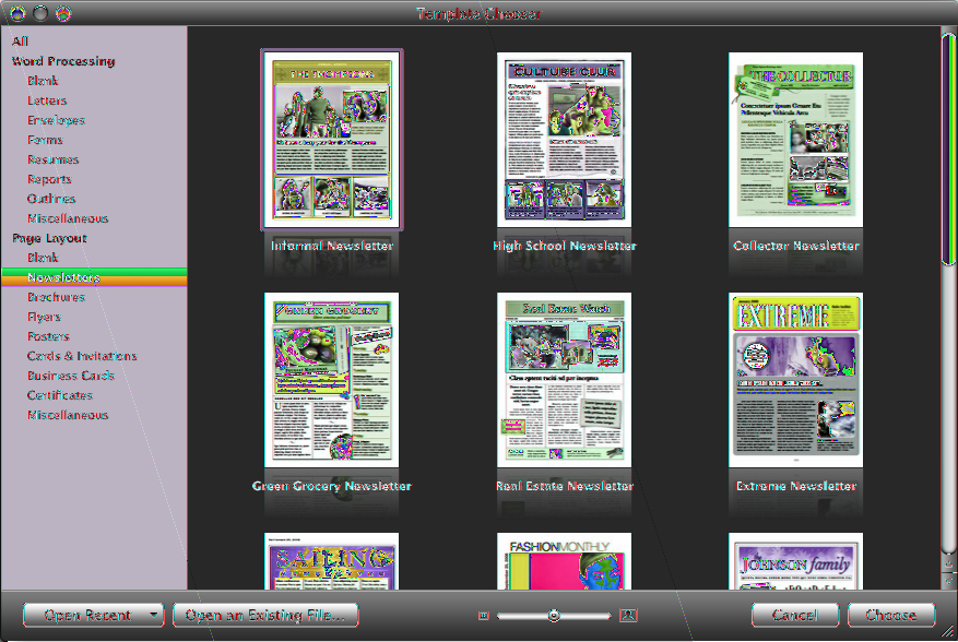 Veja os tipos de página disponíveis nos diversos modelos do Pages movendo o ponteiro da direita para a esquerda sobre o ícone de um modelo no Seletor de Modelos.