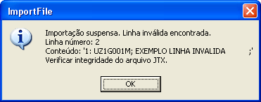 Caso algum erro seja encontrado, uma mensagem será exibida indicando que está base não poderá ser importada.