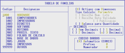 1.2.2- TABELA DE FAMÍLIAS CÓDIGO Campo com 6 dígitos para codificação de Família. É codificado no Ficheiro de Artigos para utilização nos Mapas de Existências e Apuramento Estatístico.