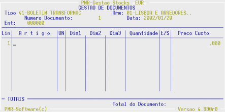 1.5- RECOLHA DO BOLETIM DE TRANSFORMAÇÃO No ecrã de Recolha do Tipo de Movimento (ver ponto 1 Movimentos, página 3), apenas deverá digitar o código referente ao Boletim de Transformação (cód. 41/42).