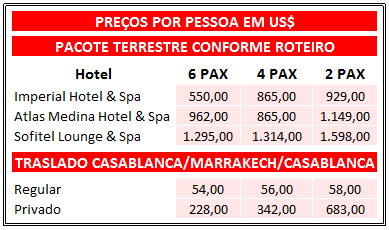 PROGRAMA TERRESTRE O PROGRAMA INCLUI Traslado privado grupo aeroporto Marrakech/hotel em Marrakech/aeroporto Marrakech Acomodação de 6 noites (16 a 22/12) em apto duplo* standard em Marrakech no