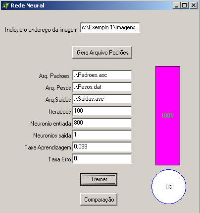 25 FIGURA 16 - TELA DE TREINAMENTO DA RN Os parâmetros utilizados para treinar a RN são: a) Arq. Padrões: contém os padrões gerados a partir da imagem pré-processada; b) Arq.