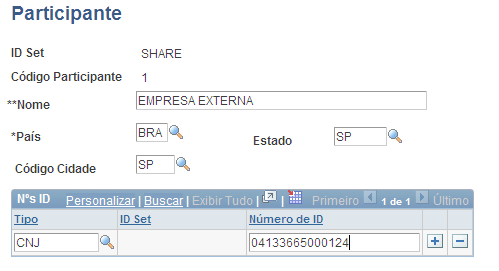 Página Participante ID Set Código do Participante Nome País Estado Código da Cidade Ńs ID Insira o ID Set do Participante. Selecione o Código do Participante. Insira o nome do Participante.