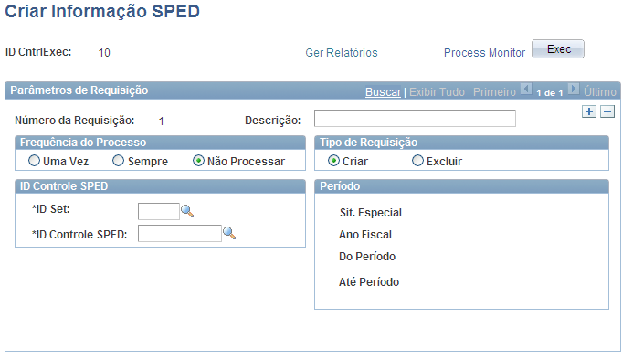 Página Criar Informação SPED Descrição Frequência po Processo Insira a descrição do processo.