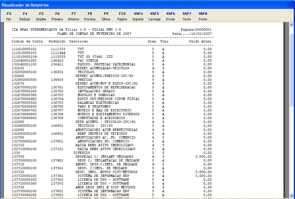 Reduzido. Informações Gerais: Grau Máximo. Separa Contas. Pagina Inicial. Data. Nome conta em cascata. Emitir com saldo Zero.