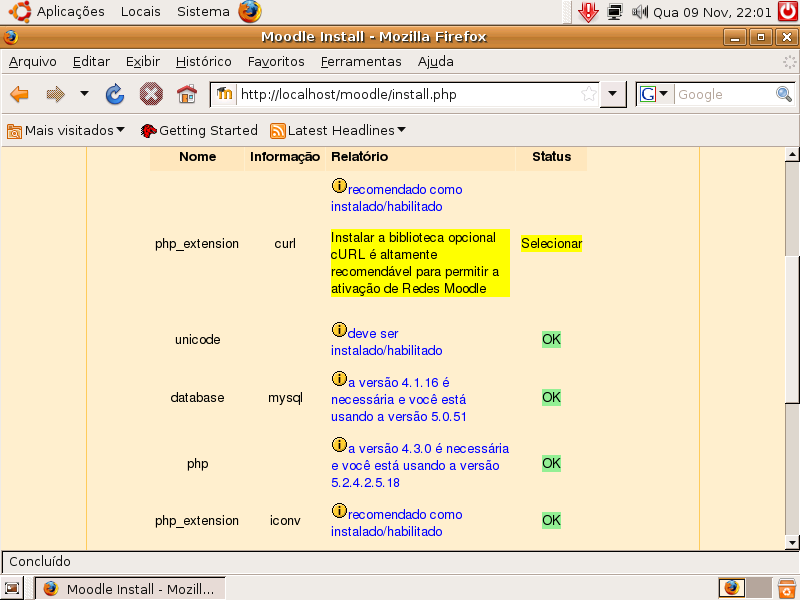 Na tela seguinte somente a extensão curl deverá aparecer em amarelo.