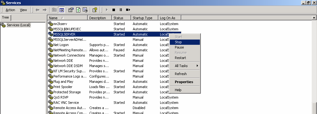 3. Localizar o serviço MSSQLSERVER e com o botão