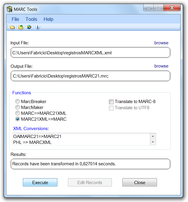 k) Em Functions marque a opção MARC21XML => MARC.