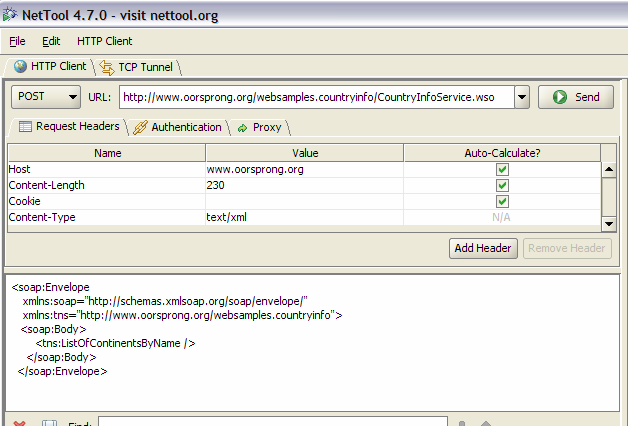 NetTool 2 5. Na área de edição abaixo do botão [Add Header] digite: <soap:envelope xmlns:soap="http://schemas.xmlsoap.org/soap/envelope/" xmlns:tns="http://www.oorsprong.org/websamples.