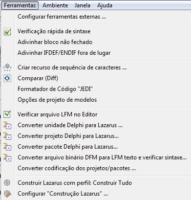 Programas escritos em Delphi (unidades, projetos e pacotes) podem ser convertidos para o ambiente Lazarus, empregando-se a opção Ferramentas do Menu Principal, segundo a Figura 12, onde o usuário irá