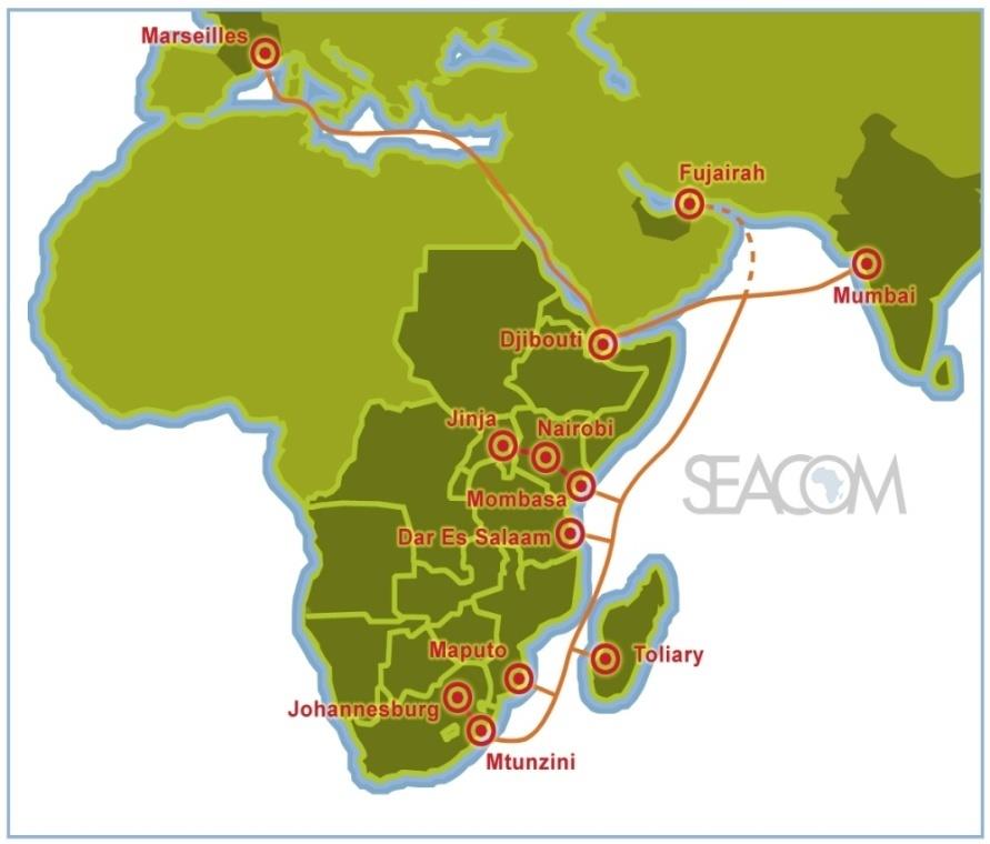 Infra-estruturas de Telecomunicações Cabos de Fibra Optica em África Cabo de Fibra Optica da SEACOM É uma rede pertencente a operadores privados de telecomunicações de âmbito internacional; SEACOM