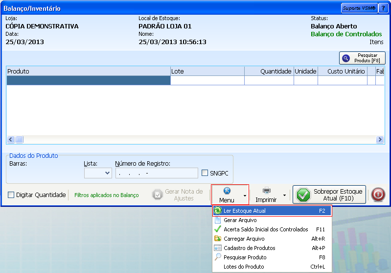 Lendo o Estoque Atual no Balanço 13º) Siga os passos de 2º a 6º, para a criação do Balanço. 14º) Clique no botão Menu e em seguida em Ler Estoque Atual.