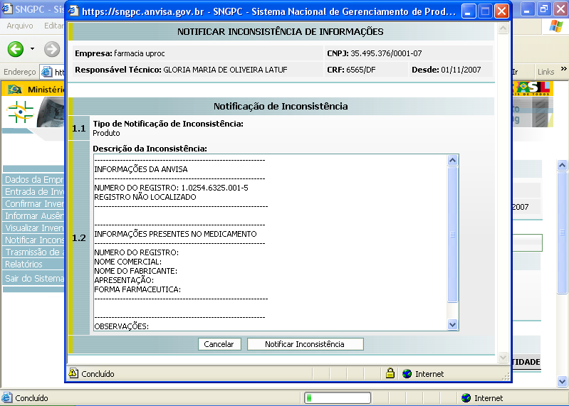 Figura 61 - Notificar Inconsistência de informações Como tratar um medicamento/insumo com inconsistência? Art.