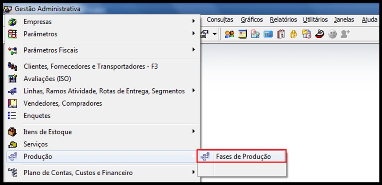 Figura 13 Menu Cadastro de Fases de Produção. O cadastro das Fases de Produção é simples e objetivo, conforme mostra a Figura 14. Figura 14 Tela de Cadastro de Fases. 2.