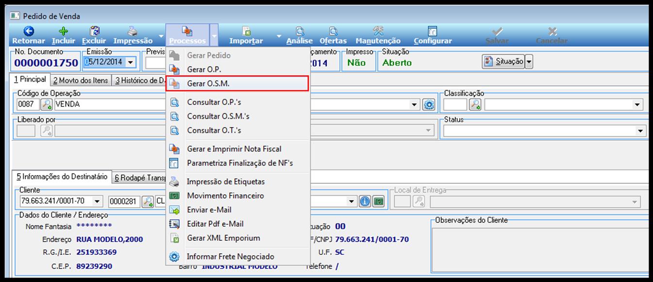 Para gerar a Ordem de Serviço de utilizar o menu Processos no alto da tela do Pedido de Venda e clicar em Gerar OSM na lista de opções conforme o indicado na Figura 18.