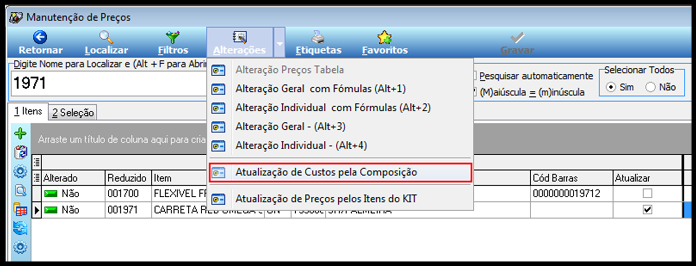 Figura 46 Manutenção de Preços. No botão acessar a opção Atualização de Custos pela Composição, Figura 47. Figura 47 Atualização de Custos pela Composição.