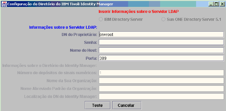 1. Insira os alores nos campos de Informações do Seridor LDAP. Por exemplo, o alor do campo Nome do Host é o nome completo do host do computador em que o seridor de diretórios está em execução.