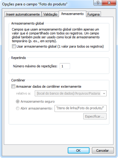 campo de container. Selecione as opções de armazenamento para um campo de container Para obter mais informações sobre a configuração de opções de campo, consulte a Ajuda.