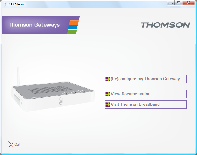 1 Instalação Menu do CD No Menu do CD (CD Menu), clique em: (Re)configurar meu ((Re)configure my) Thomson Gateway para reconfigurar o Thomson Gateway ou adicionar um novo computador à rede.