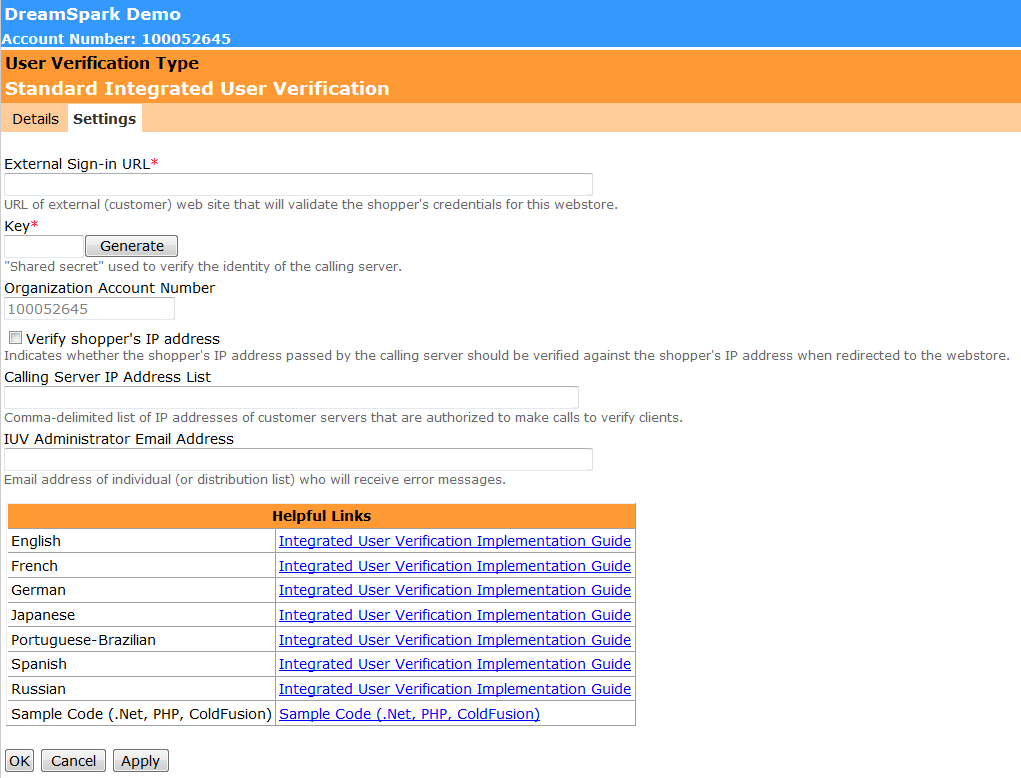 2. Clique na guia Configurações. A Verificação integrada de usuário padrão da página Configurações é exibida.