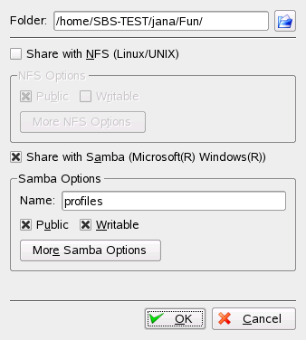 Figura 9.3 Opções detalhadas de compartilhamento 8 Ative a opção Share with Samba (Compartilhar com o Samba) para habilitar o compartilhamento de arquivos Samba.