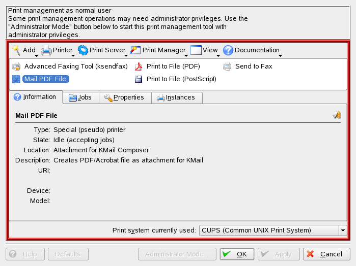 Para configurar uma impressora no KDE, inicie o Gerenciador de Impressão no menu principal (Ferramentas Impressão Gerenciador de Impressão). Uma alternativa é pressionar Alt + F2 e digitar kcontrol.