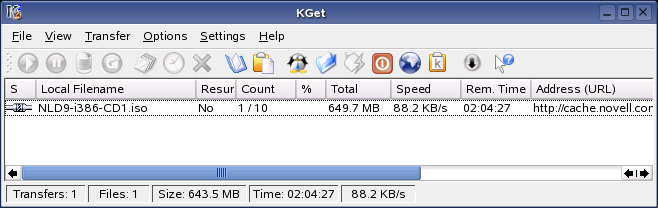 Transferindo dados da Internet 15 O KGet é o gerenciador de downloads do KDE. Ele gerencia suas transferências em uma janela.