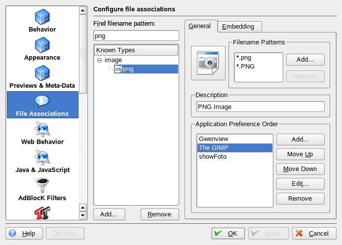 Figura 1.13 Configurando associações de arquivos no Konqueror 1 No Konqueror, clique em Configurações Configurar Konqueror Associações de Arquivos.