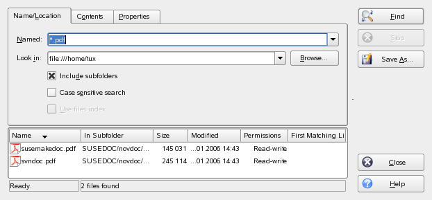 Figura 1.16 Localizando arquivos com o KFind 1.8.1 Localizando arquivos Para procurar certos nomes de arquivo, proceda da seguinte maneira: 1 Inicie o KFind no menu principal ou na linha de comando.