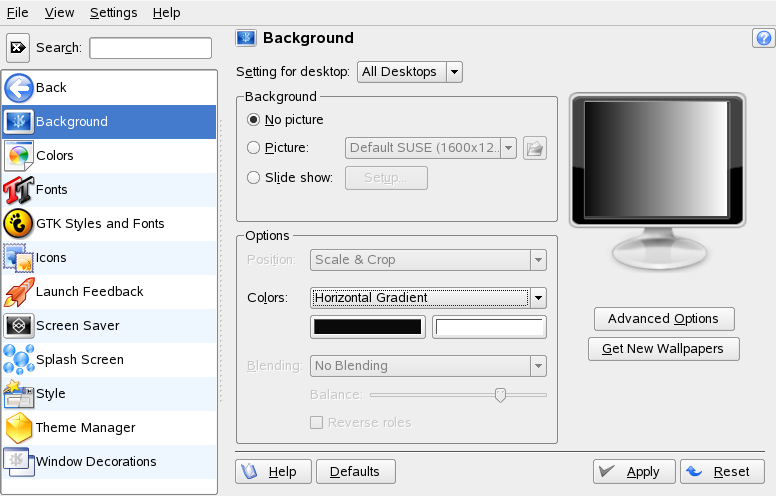 Figura 2.4 Definindo uma cor de segundo plano para a área de trabalho 8 Depois que você definir todas as opções desejadas, clique em Aplicar. 2.2.2 Ambiente de trabalho As configurações de Desktop definem a aparência e o comportamento da área de trabalho do KDE.