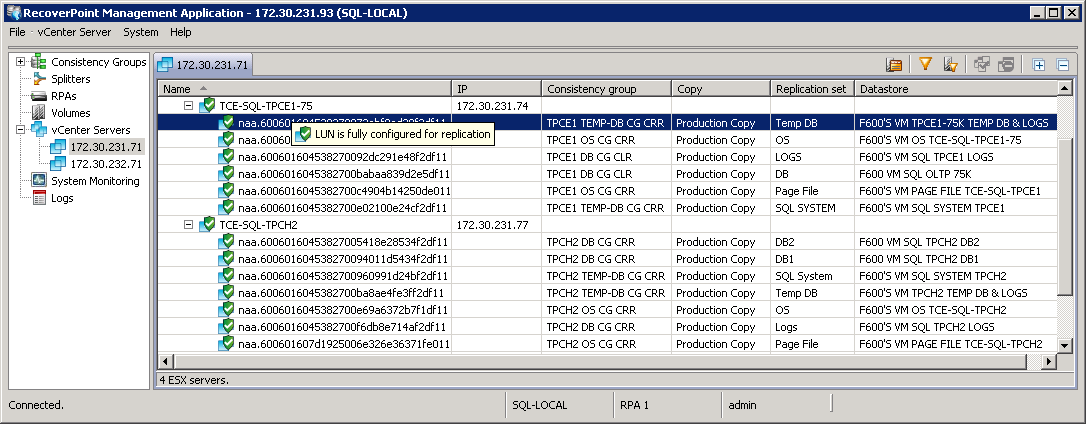 Integrando o RecoverPoint com VMware vcenter A exibição vcenter Servers exibe dados do vcenter Server por meio da interface gráfica do usuário do RecoverPoint.