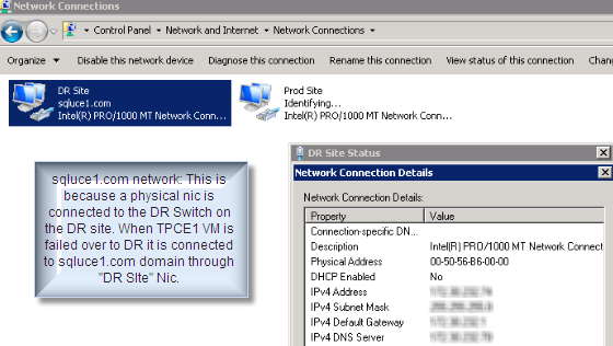 Rede sqluce1.com O motivo disso é que uma NIC física está conectada ao switch DR no local de DR. Quando a máquina virtual PCE1 fizer failover para DR, ela se conectará ao domínio Figura 37.