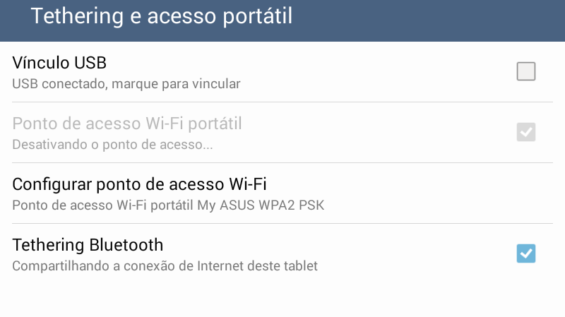 4. Na tela Tethering, toque em Ponto de acesso Wi-Fi portátil para ligar o ponto de acesso Wi-Fi em seu ASUS Tablet. 5.