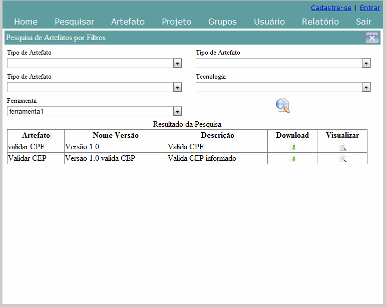 77 O repositório disponibiliza aos seus usuários três formas de pesquisa dos artefatos cadastrados. As Figuras 31, 32 e 33 apresentam essas formas de busca.