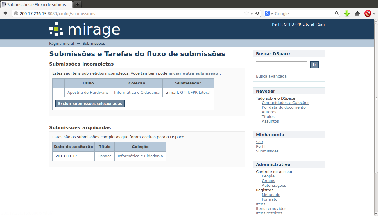 47 Tela de Submissões e Fluxo de Submissões Figura 19 - Tela de Submissões e Fluxo de Submissões Biblioteca Digita UFPR