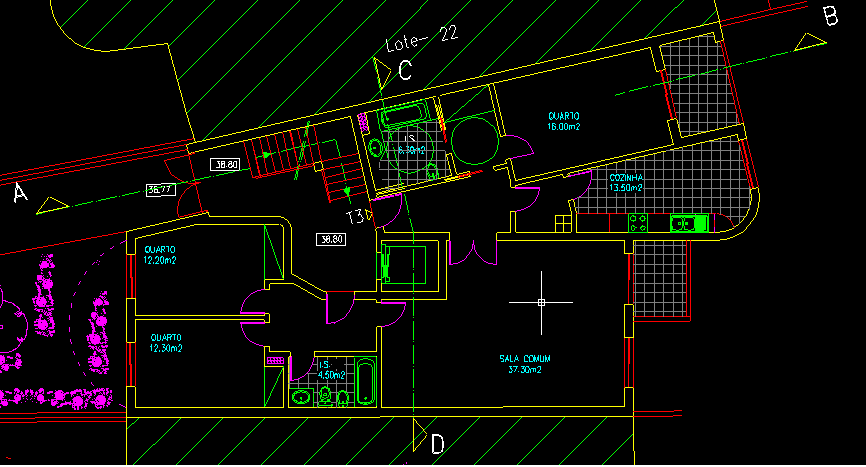 Na PISO -1 iremos ter dois fogos do tipo T0. Cada T0 terá uma sala comum, uma instalação sanitária e uma cozinha. Tem ainda uma arrecadação para os moradores.