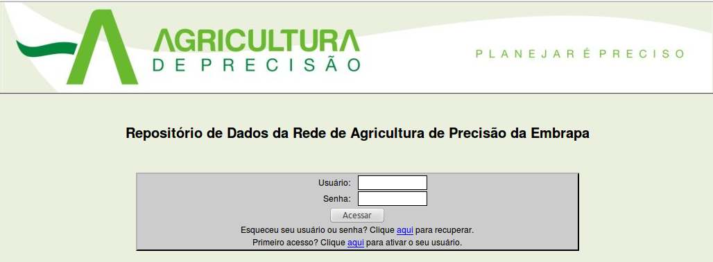 Repositório de Recursos de Informação da Rede de Agricultura de Precisão... 15 Aceitando o certificado, o usuário poderá visualizar a tela de login do repositório, como ilustrado na Figura 3.