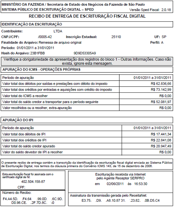 Recibo de entrega do arquivo EFD Ajuste SINIEF 02/2009 -