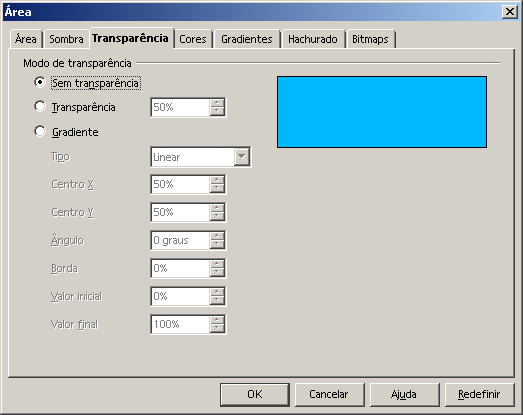 9 Área Configura a área de sua página e possui as seguintes opções: Área Define as cores e tipo de cores (hachurado, gradiente e bitmap) dos objetos a serem