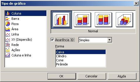 Coluna e Linha Modelos de gráficos 3D Existem dois tipos de modelos de gráficos em 3D: Simples e real.