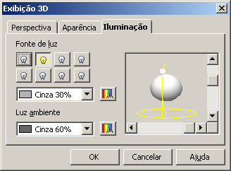 Aparência: Permite redefinir o esquema de apresentação do 3D (Real e Simples), sombreamento e bordas. Iluminação: redefine a fonte de luz sobre o objeto, a escala de cores e a luz ambiente.