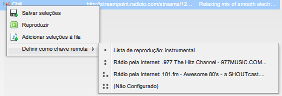 Configure as Chaves remotas O Controle remoto tem 4 chaves remotas. Com elas, você pode acessar rapidamente suas listas de reprodução favoritas, lista de reprodução smart ou rádio pela Internet.