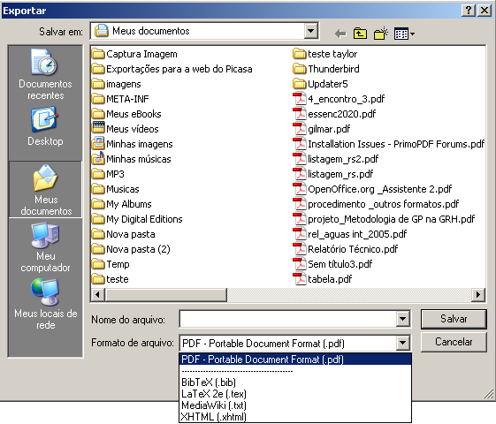 11 Exportar Este recurso possibilita exportar o documento para cinco tipos de formatos: BibTex. (*.bib), LaTex2e (*.tex), MediaWiki (*.txt), XHTML (*.Xhtml) e PDF (*.